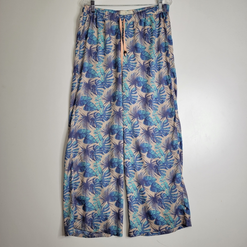 Wide Leg Tropical Print Women's Pants in Blue